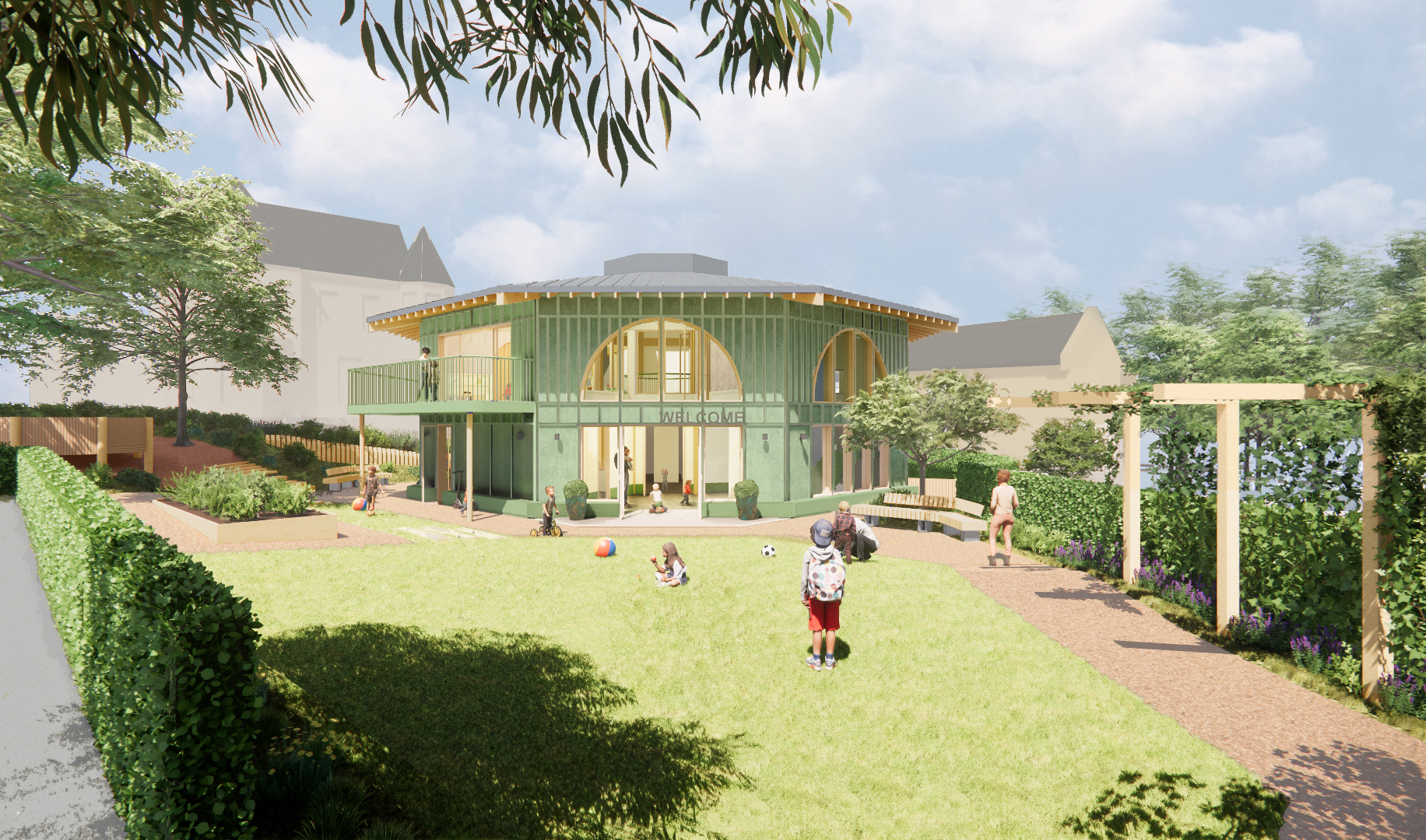 The new build nursery will become a central feature of a new Care Village in the north of the UK. The site will promote intergenerational engagement and provide exceptional childcare for staff, residents' families and the wider community in a forest school-style approach.